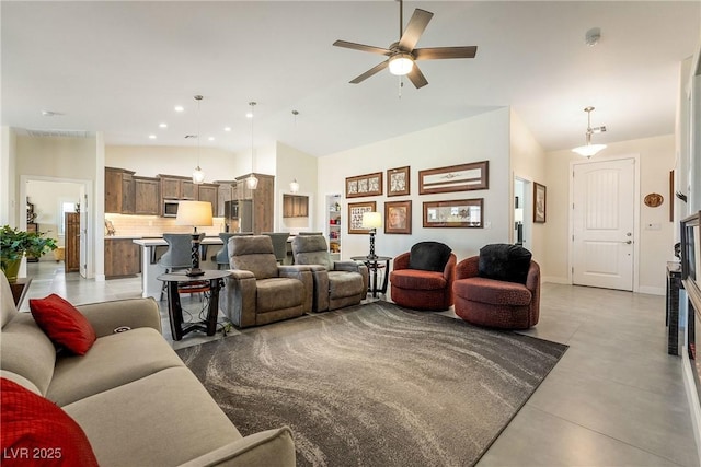 living room with high vaulted ceiling, a ceiling fan, finished concrete floors, recessed lighting, and baseboards