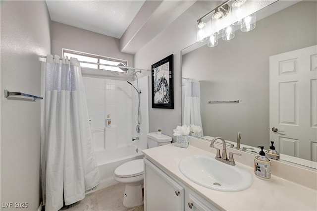 full bathroom with tile patterned flooring, shower / bath combination with curtain, toilet, and vanity