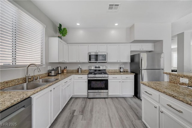 kitchen with visible vents, light wood-style flooring, a sink, white cabinets, and appliances with stainless steel finishes