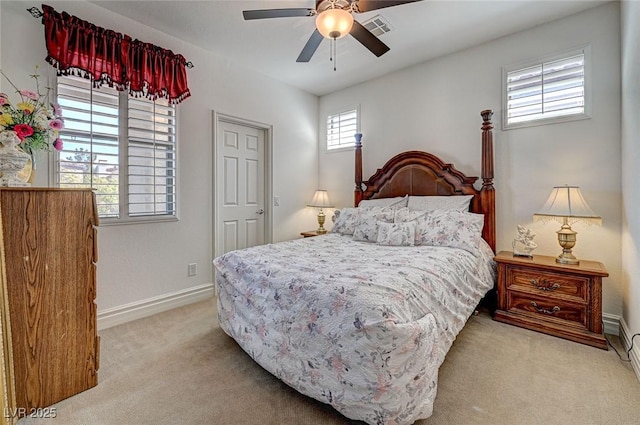 bedroom with visible vents, ceiling fan, baseboards, and carpet floors