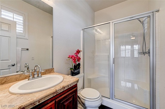 bathroom featuring vanity, a shower stall, and toilet