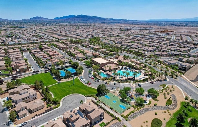 aerial view featuring a mountain view and a residential view