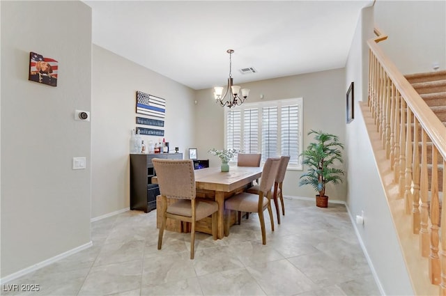 dining area featuring visible vents, stairway, light tile patterned floors, baseboards, and a chandelier