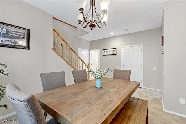 dining area featuring an inviting chandelier, stairway, recessed lighting, and baseboards