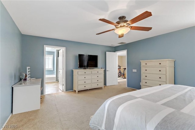 bedroom featuring visible vents, light carpet, baseboards, and a ceiling fan