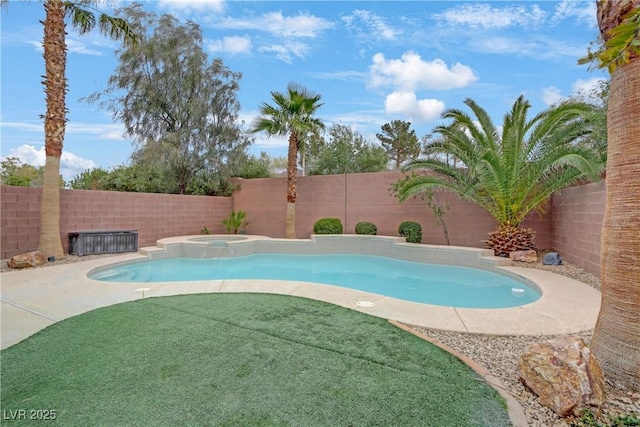 view of swimming pool with a fenced in pool, an in ground hot tub, a fenced backyard, and a patio