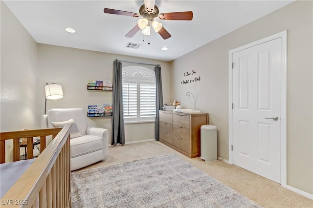 bedroom featuring visible vents, baseboards, light carpet, recessed lighting, and a ceiling fan