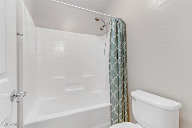 full bath with shower / bathtub combination with curtain and toilet