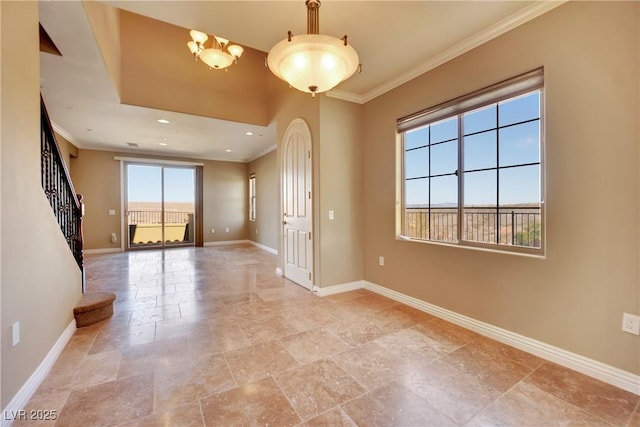 unfurnished room featuring ornamental molding, stone finish floor, recessed lighting, stairway, and baseboards