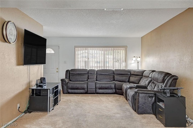 living area with light colored carpet, a textured wall, and a textured ceiling