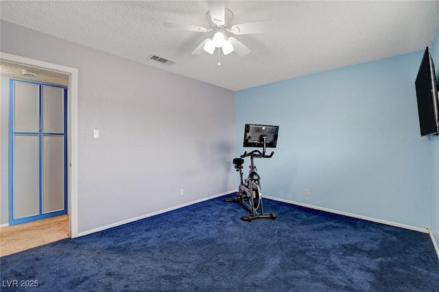 workout room with visible vents, baseboards, a textured ceiling, and carpet