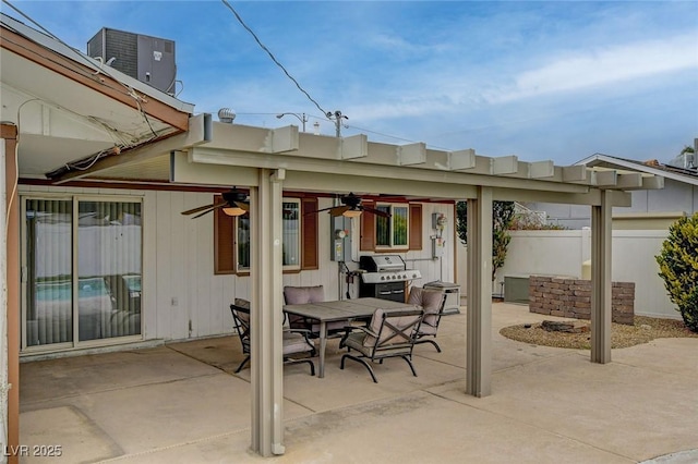 view of patio / terrace with a ceiling fan, fence, outdoor dining area, grilling area, and central air condition unit