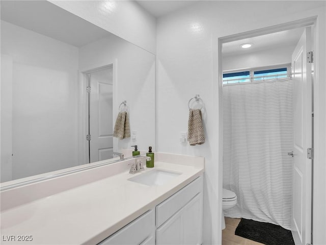 full bath with vanity, toilet, and a shower with curtain