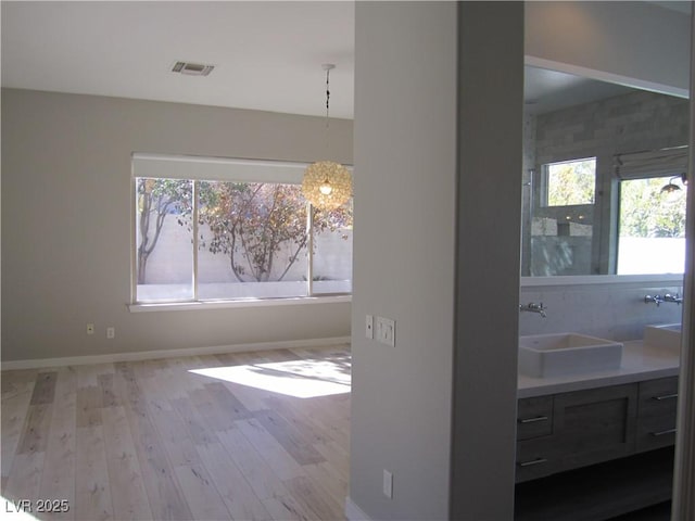 interior space featuring vanity, wood finished floors, visible vents, and baseboards