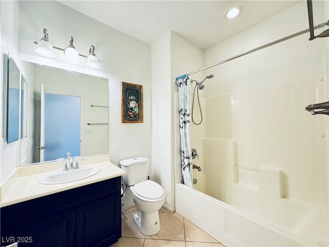 full bath with tile patterned floors, shower / bath combo with shower curtain, toilet, and vanity