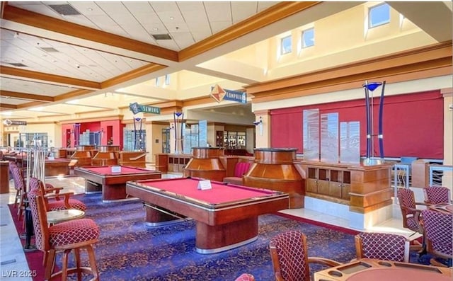 game room with pool table, beam ceiling, visible vents, and coffered ceiling