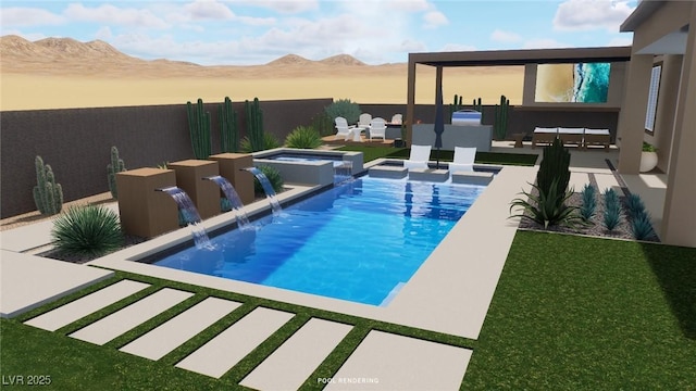 view of pool featuring fence, outdoor lounge area, a mountain view, and a patio area