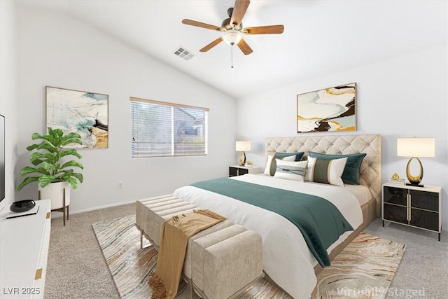 bedroom featuring visible vents, light colored carpet, ceiling fan, and vaulted ceiling