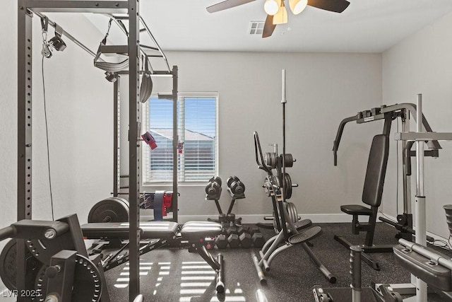 workout room with visible vents, a ceiling fan, and baseboards