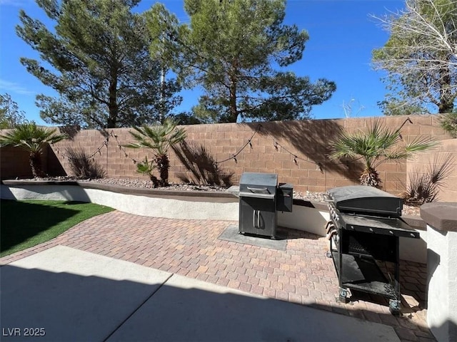 view of patio / terrace featuring a fenced backyard and grilling area