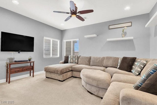 carpeted living room featuring visible vents, recessed lighting, a ceiling fan, and baseboards