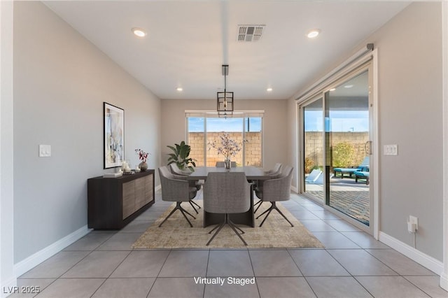 dining space with light tile patterned flooring, visible vents, recessed lighting, and baseboards