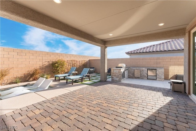 view of patio / terrace with a fenced backyard and an outdoor kitchen