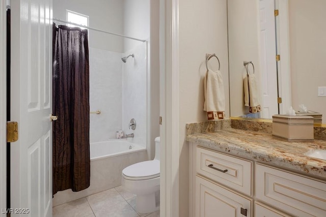 bathroom with vanity, tile patterned floors, shower / bath combination with curtain, and toilet