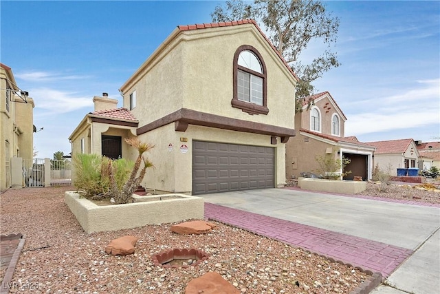 view of front of home featuring stucco siding, concrete driveway, a garage, a chimney, and a tiled roof