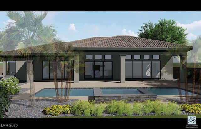 back of property featuring a tile roof, an outdoor pool, an in ground hot tub, and a patio area