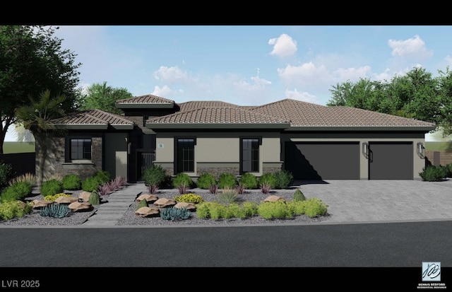 view of front of house featuring a garage, stucco siding, a tile roof, and stone siding