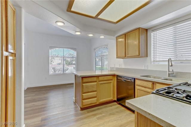 kitchen featuring dishwashing machine, a peninsula, light countertops, and a sink