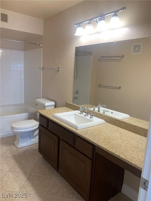 full bath with tile patterned flooring, visible vents, toilet, shower / bathtub combination, and vanity