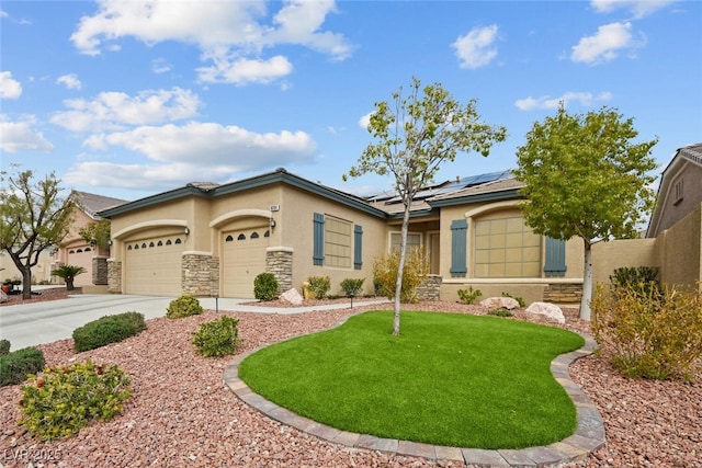 view of front of property featuring stucco siding, stone siding, concrete driveway, an attached garage, and solar panels