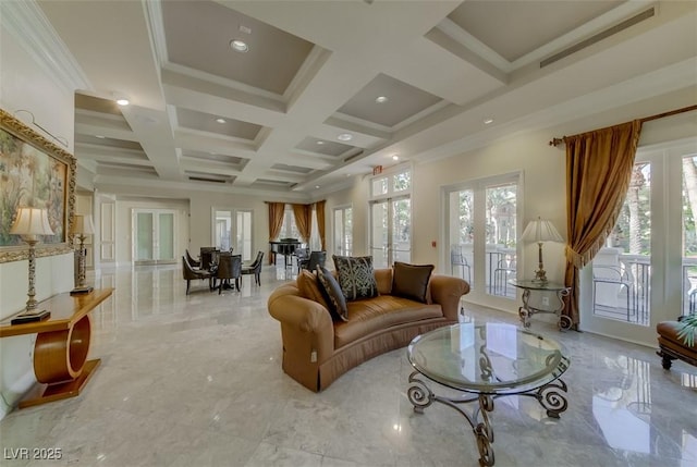 living area with beam ceiling, crown molding, marble finish floor, and coffered ceiling