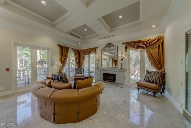 living room with baseboards, ornamental molding, a premium fireplace, marble finish floor, and coffered ceiling