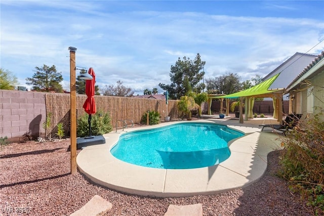 view of swimming pool featuring a fenced in pool, a patio, and a fenced backyard