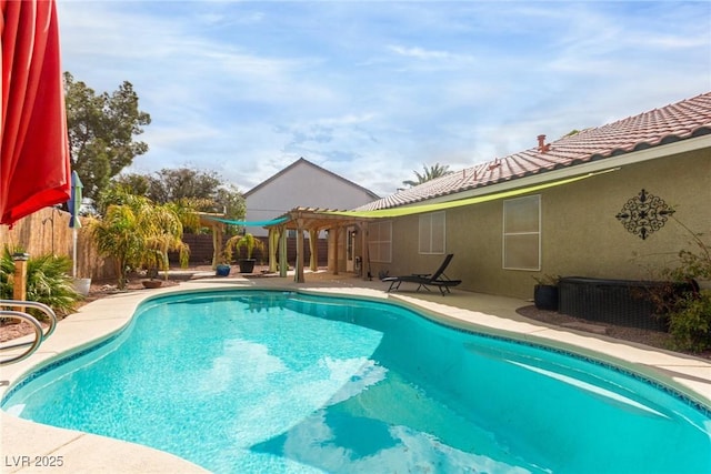 view of pool with a patio area, a fenced in pool, a pergola, and fence