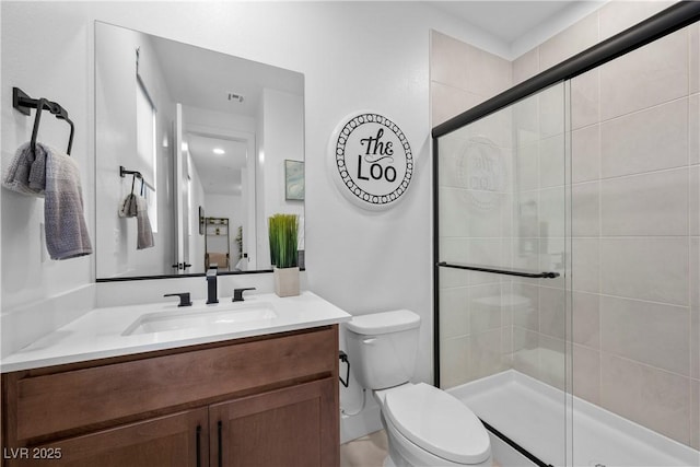 full bath featuring visible vents, toilet, a stall shower, and vanity