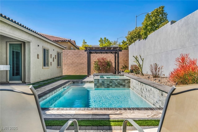 view of swimming pool featuring a fenced in pool, an in ground hot tub, a fenced backyard, and a pergola