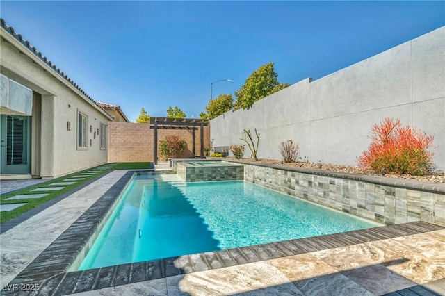 view of pool featuring a pool with connected hot tub, a pergola, and a fenced backyard