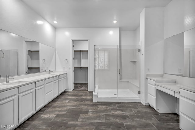 full bathroom featuring a sink, a spacious closet, double vanity, and a shower stall