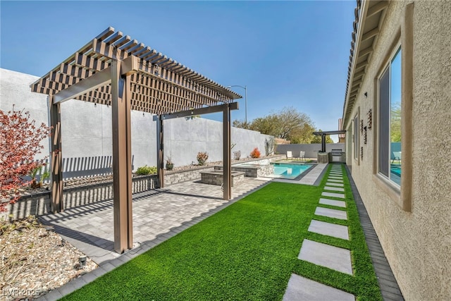 view of yard with a patio, a fenced in pool, a fenced backyard, and a pergola