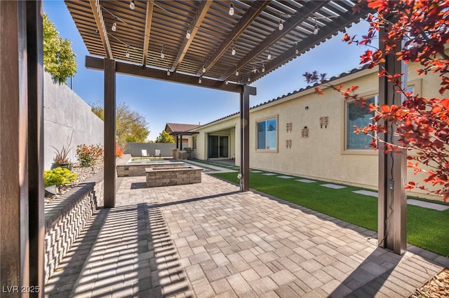 view of patio / terrace with a fenced backyard, a pergola, and an outdoor fire pit