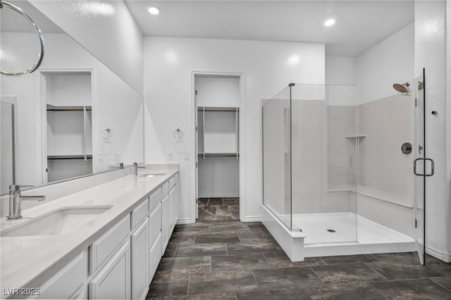 full bath featuring a sink, a stall shower, and double vanity