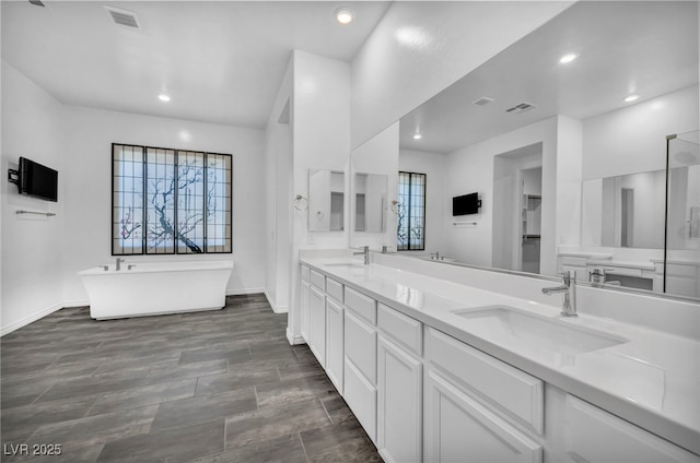 bathroom featuring a sink, visible vents, baseboards, and double vanity