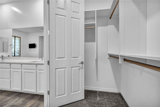 spacious closet featuring dark wood-style flooring and a sink