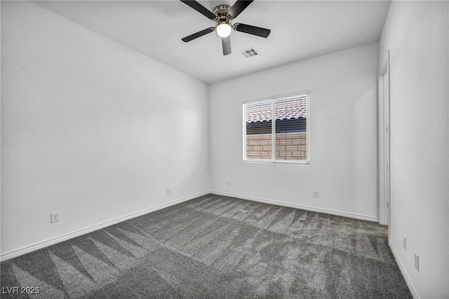 empty room with dark colored carpet, visible vents, baseboards, and a ceiling fan