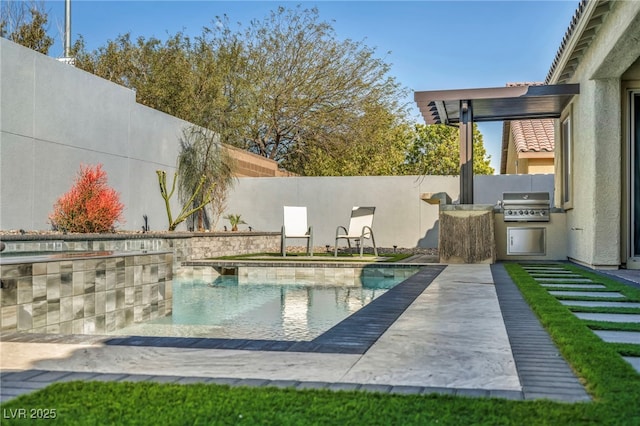 view of pool featuring grilling area, a fenced in pool, area for grilling, and a fenced backyard