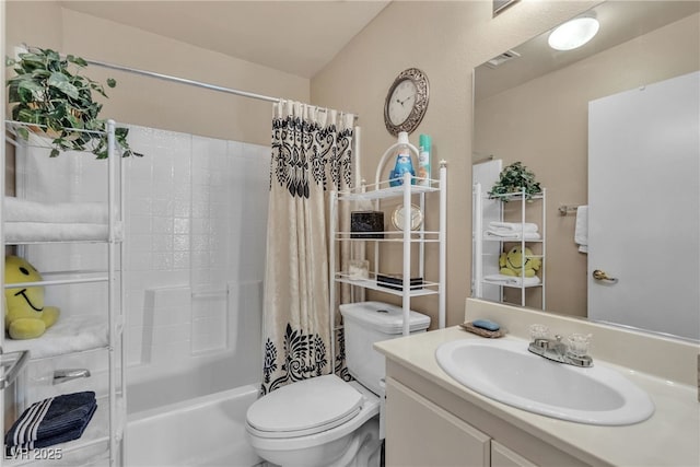 full bathroom featuring visible vents, toilet, vanity, and shower / bath combination with curtain